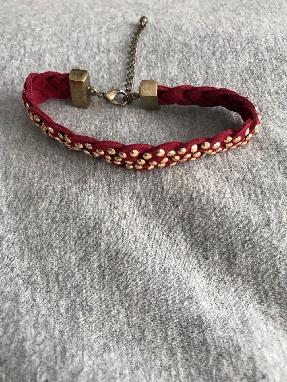 Women's Red Braided Suede Bracelet with Gold Studs